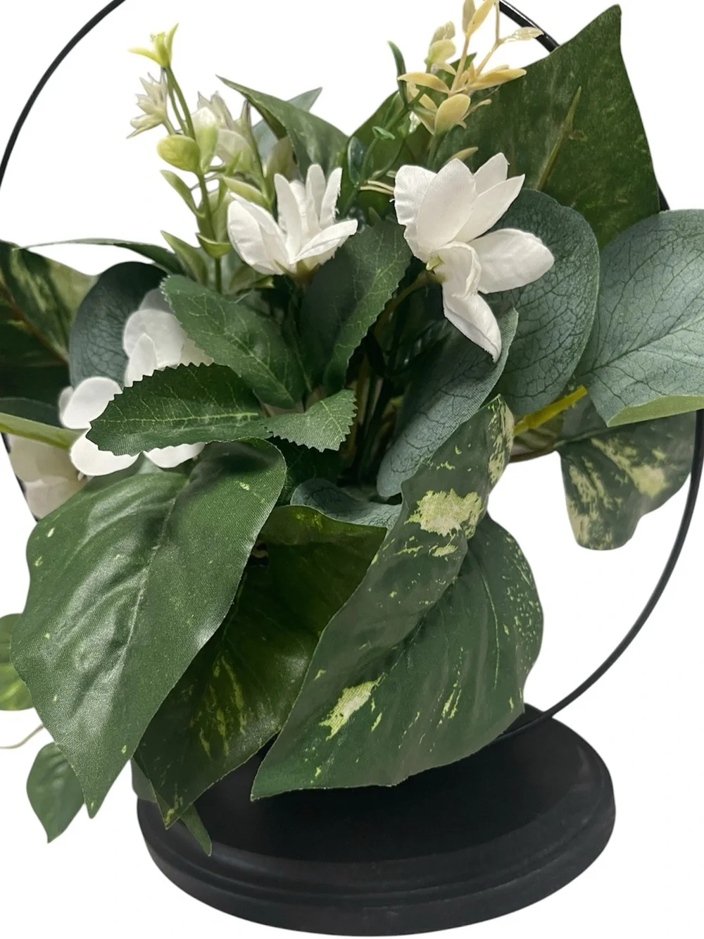 Handmade Faux Floral Arrangement Black Metal Hoop Wood Base 12”
